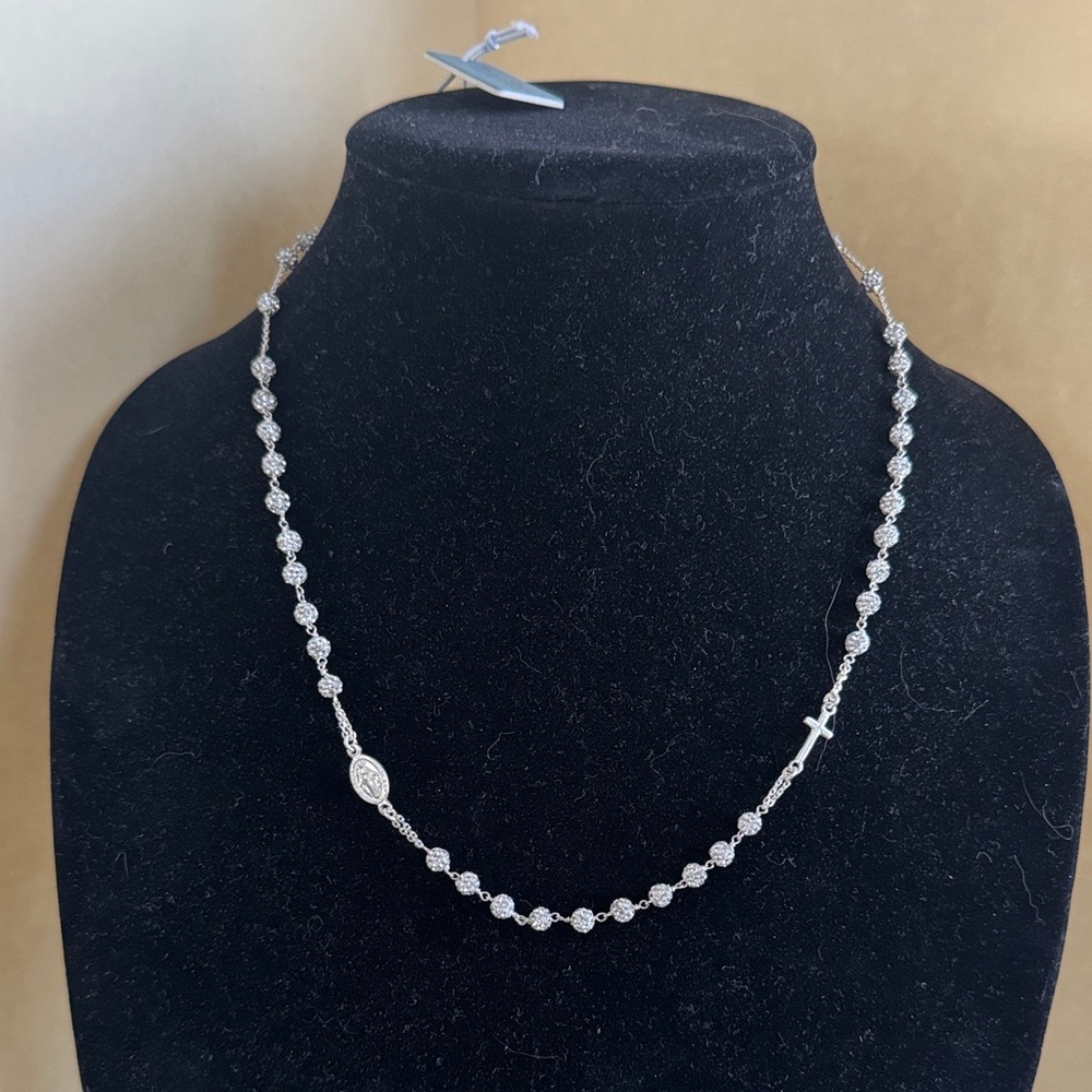 MIA FIORE 20” Sterling Silver Rosary Medallion Cross Necklace Pave CZ Beads NIB